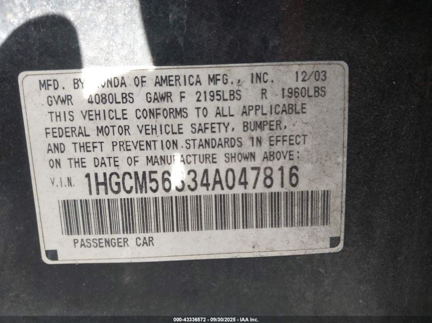 2004 Honda Accord 2.4 Lx VIN: 1HGCM56334A047816 Lot: 43336572