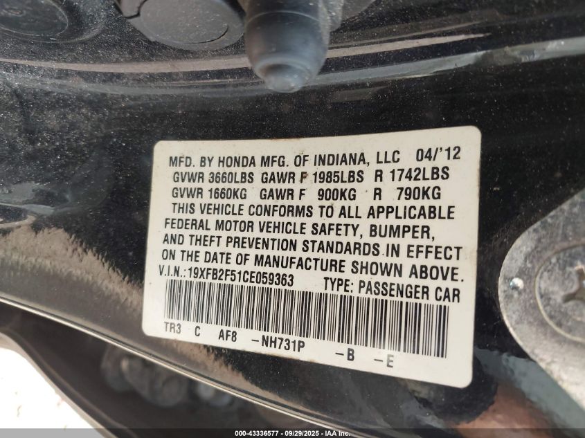 2012 Honda Civic Lx VIN: 19XFB2F51CE059363 Lot: 43336577