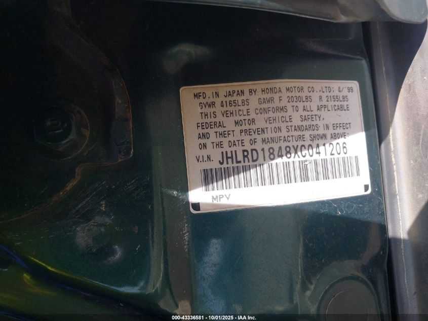 1999 Honda Cr-V Lx VIN: JHLRD1848XC041206 Lot: 43336581