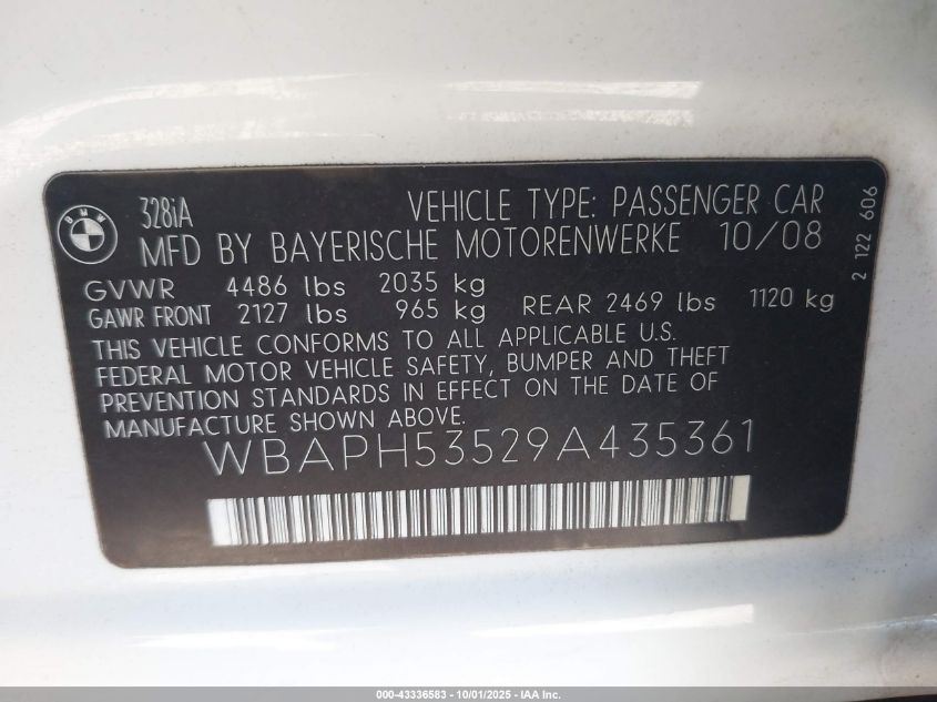 2009 BMW 328I VIN: WBAPH53529A435361 Lot: 43336583