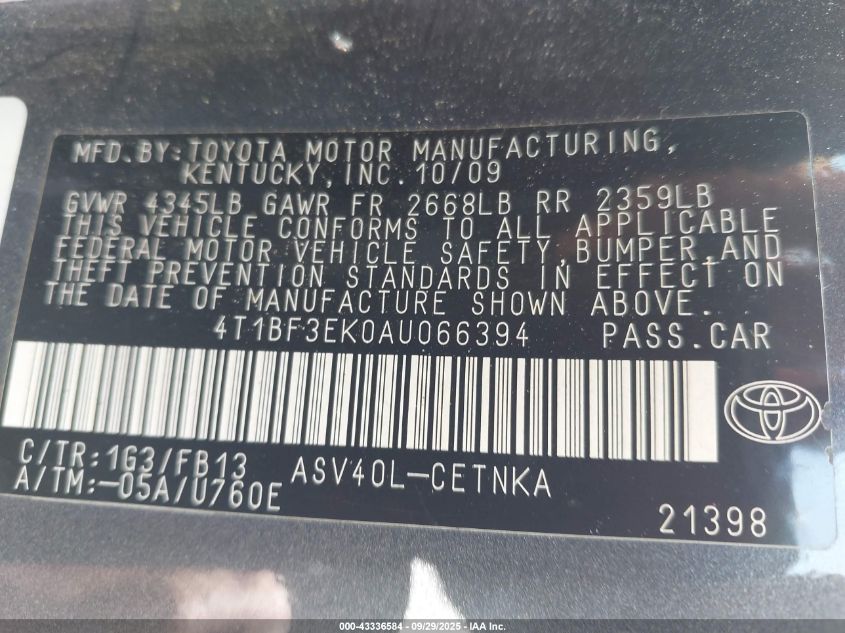 2010 Toyota Camry Le VIN: 4T1BF3EK0AU066394 Lot: 43336584