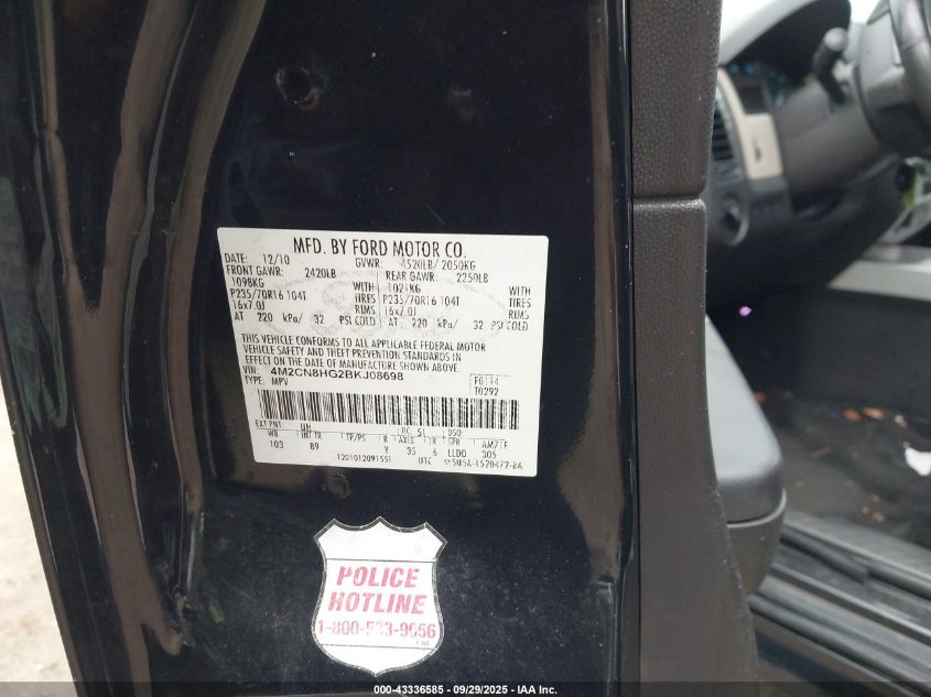 2011 Mercury Mariner Premier VIN: 4M2CN8HG2BKJ08698 Lot: 43336585