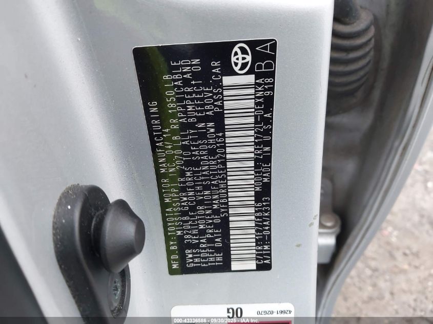 2014 Toyota Corolla Le VIN: 5YFBURHE5EP120164 Lot: 43336586