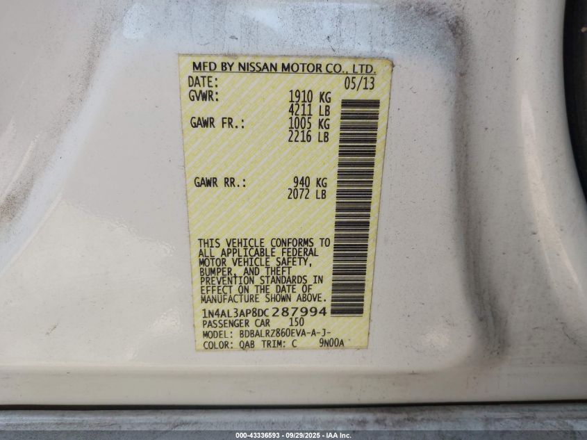 2013 Nissan Altima 2.5 S VIN: 1N4AL3AP8DC287994 Lot: 43336593