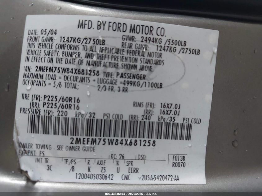 2004 Mercury Grand Marquis Ls VIN: 2MEFM75W84X681258 Lot: 43336594
