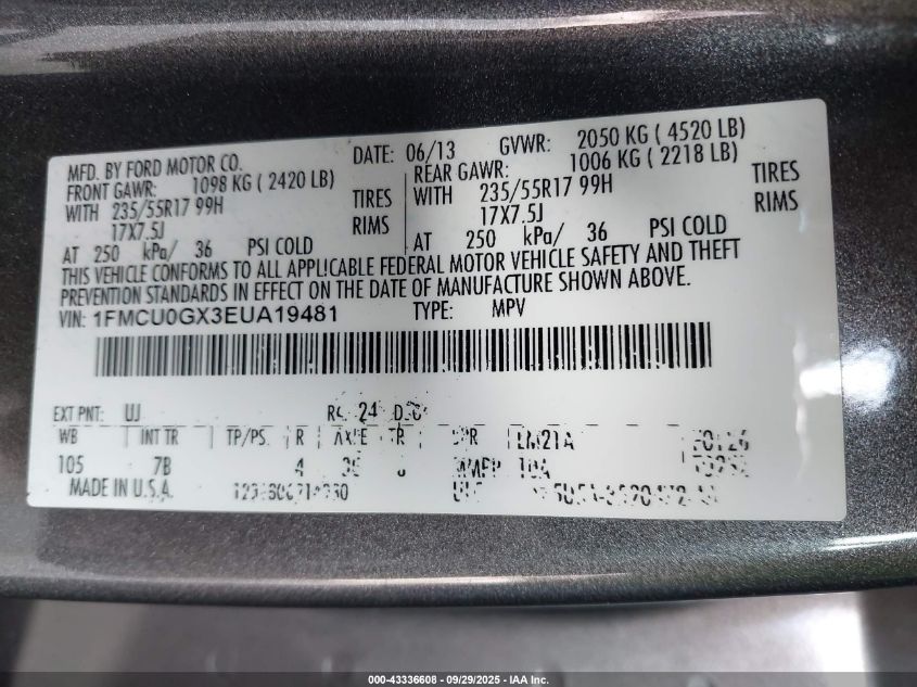 2014 Ford Escape Se VIN: 1FMCU0GX3EUA19481 Lot: 43336608