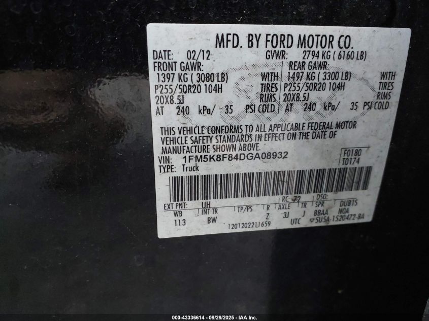 2013 Ford Explorer Limited VIN: 1FM5K8F84DGA08932 Lot: 43336614