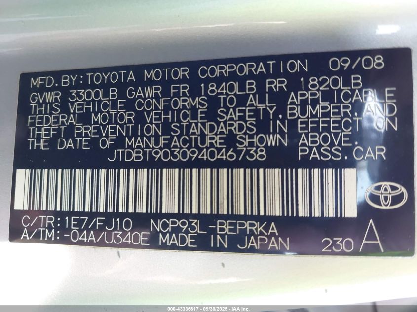 2009 Toyota Yaris VIN: JTDBT903094046738 Lot: 43336617