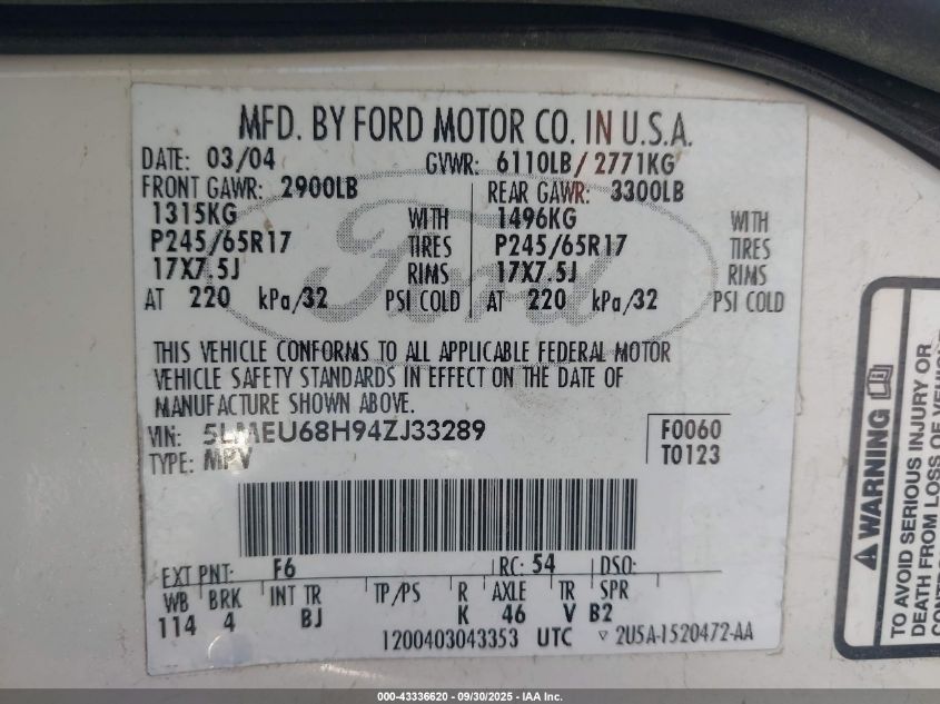 2004 Lincoln Aviator VIN: 5LMEU68H94ZJ33289 Lot: 43336620