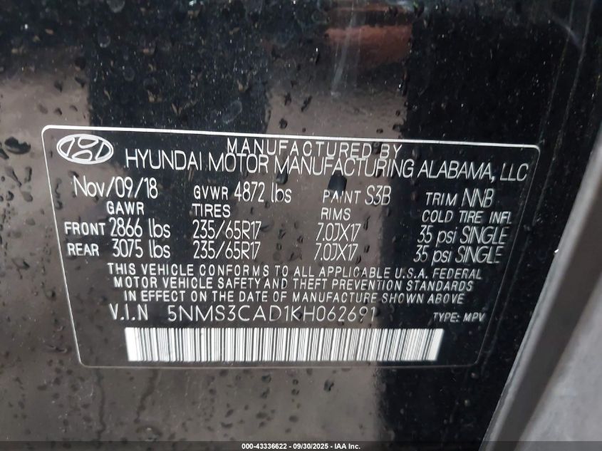 2019 Hyundai Santa Fe Sel VIN: 5NMS3CAD1KH062691 Lot: 43336622