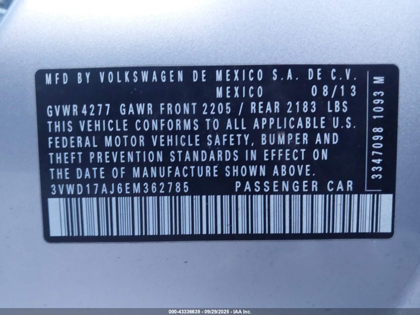 2014 Volkswagen Jetta 1.8T Se VIN: 3VWD17AJ6EM362785 Lot: 43336639