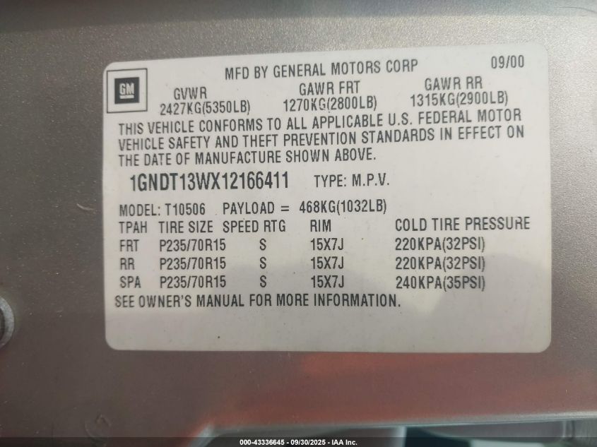 2001 Chevrolet Blazer Lt VIN: 1GNDT13WX12166411 Lot: 43336645