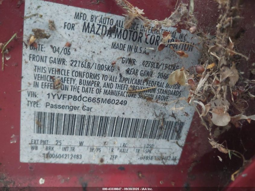 2006 Mazda Mazda6 I VIN: 1YVFP80C665M60249 Lot: 43336647