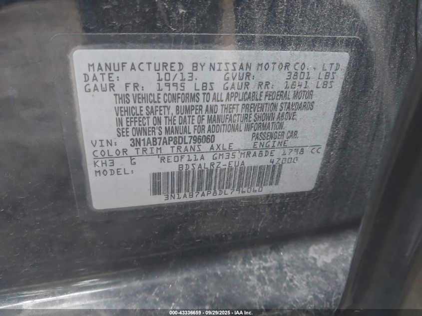 2013 Nissan Sentra Sr VIN: 3N1AB7AP8DL796060 Lot: 43336659