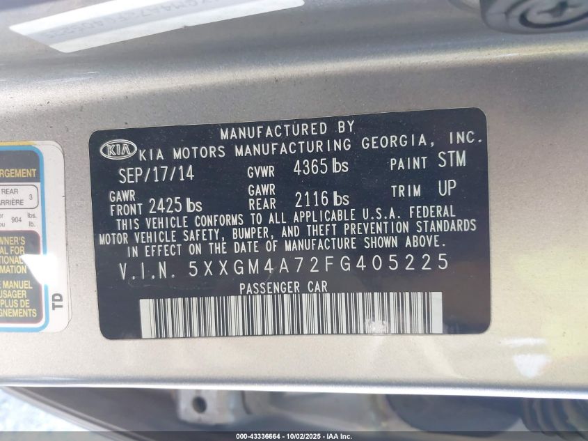 2015 Kia Optima Lx VIN: 5XXGM4A72FG405225 Lot: 43336664