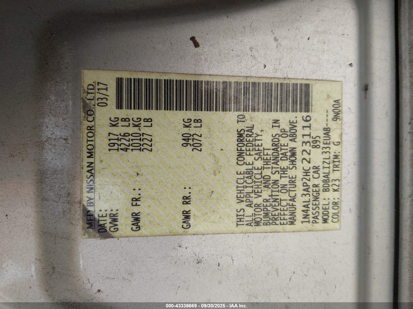 2017 NISSAN ALTIMA 2.5 SV 1N4AL3AP2HC223116