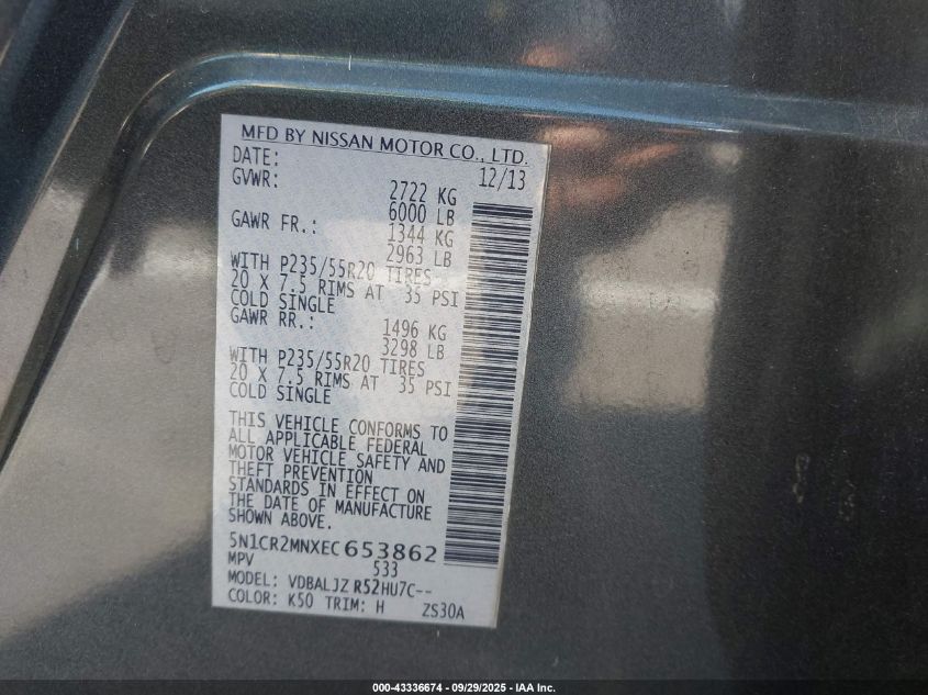 2014 Nissan Pathfinder Hybrid Platinum VIN: 5N1CR2MNXEC653862 Lot: 43336674