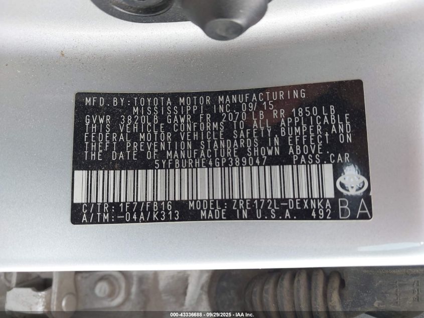 2016 Toyota Corolla Le VIN: 5YFBURHE4GP389047 Lot: 43336688