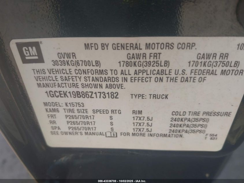 2006 Chevrolet Silverado 1500 Lt2 VIN: 1GCEK19B86Z173182 Lot: 43336708