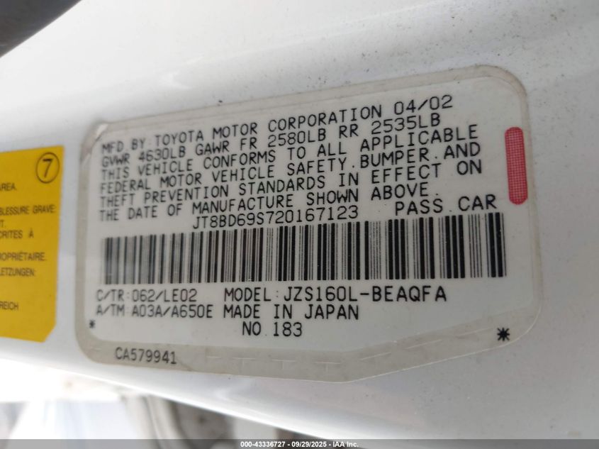 2002 Lexus Gs 300 VIN: JT8BD69S720167123 Lot: 43336727