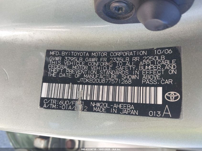 2007 Toyota Prius VIN: JTDKB20U877571268 Lot: 43336735