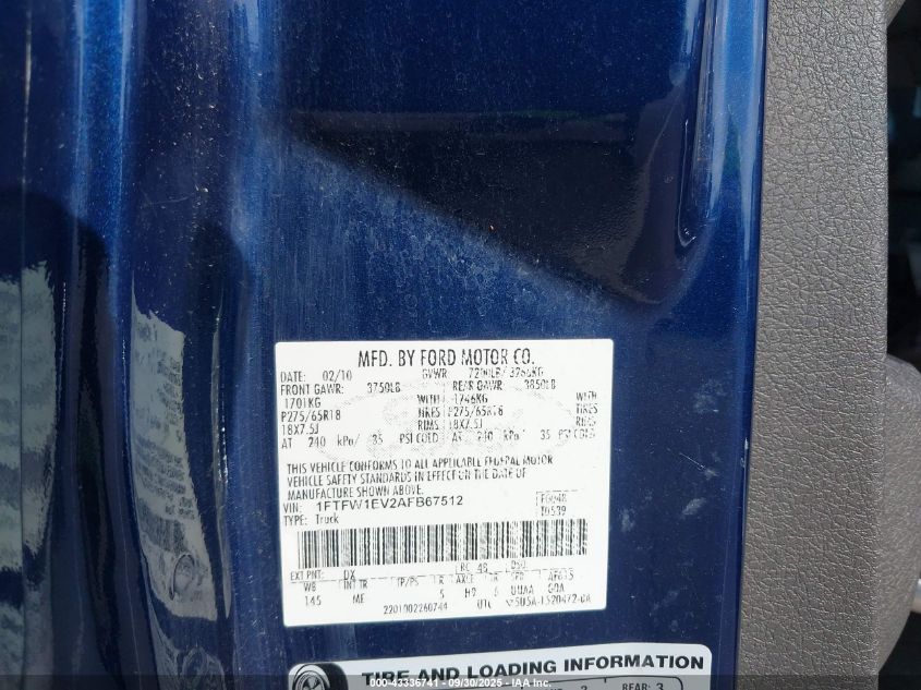 2010 Ford F-150 Fx4/Harley-Davidson/King Ranch/Lariat/Platinum/Xl/Xlt VIN: 1FTFW1EV2AFB67512 Lot: 43336741