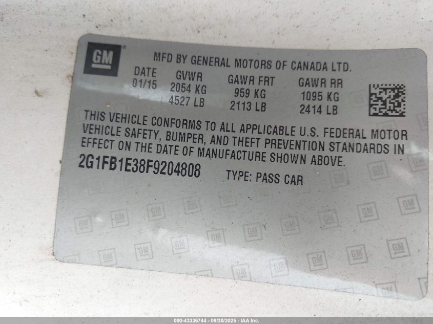 2015 Chevrolet Camaro 2Ls VIN: 2G1FB1E38F9204808 Lot: 43336744