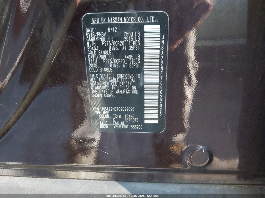 2012 Infiniti Qx56 VIN: JN8AZ2NE7C9022026 Lot: 43336749