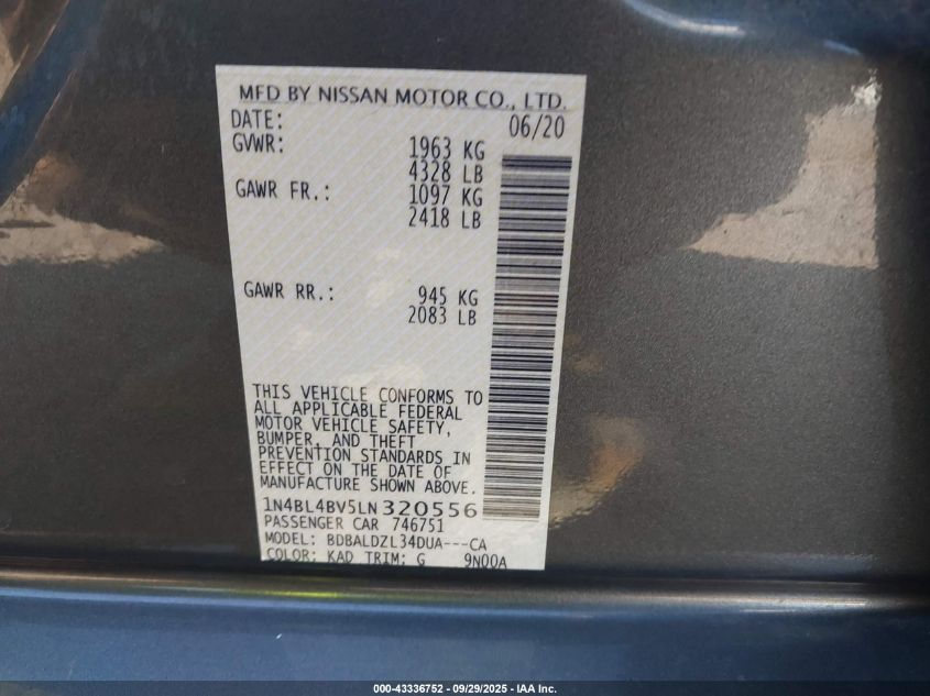 2020 Nissan Altima S Fwd VIN: 1N4BL4BV5LN320556 Lot: 43336752