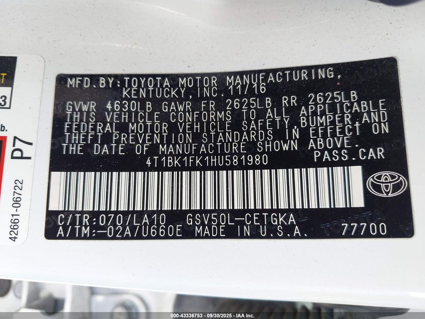 2017 TOYOTA CAMRY XLE V6 - 4T1BK1FK1HU581980