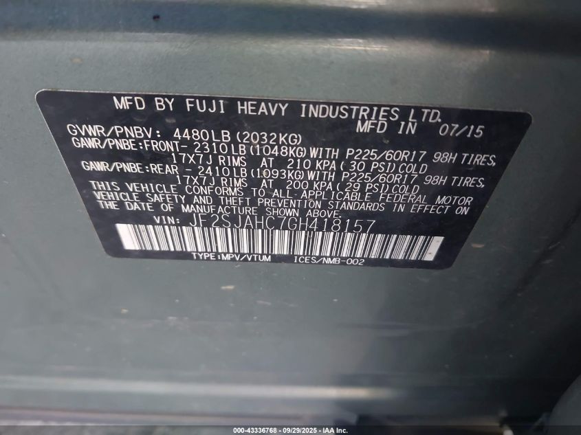 2016 Subaru Forester 2.5I Limited VIN: JF2SJAHC7GH418157 Lot: 43336768