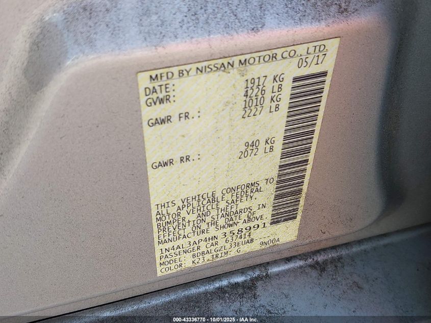 2017 Nissan Altima 2.5 S VIN: 1N4AL3AP4HN358991 Lot: 43336770