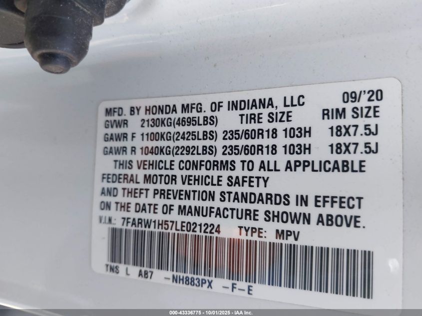 2020 Honda Cr-V 2Wd Ex VIN: 7FARW1H57LE021224 Lot: 43336775