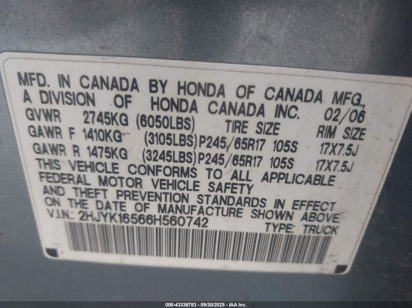 2006 Honda Ridgeline Rtl VIN: 2HJYK16566H560742 Lot: 43336783