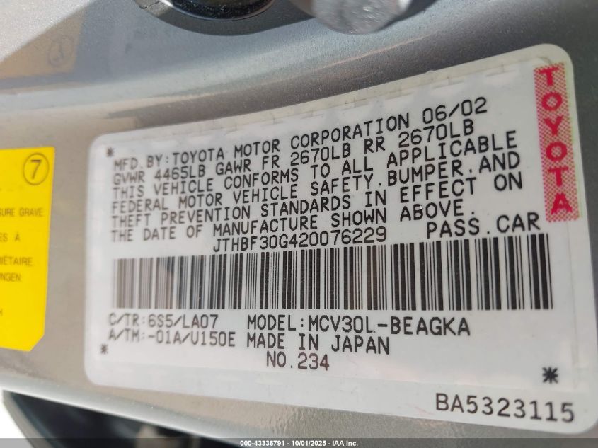 2002 Lexus Es 300 VIN: JTHBF30G420076229 Lot: 43336791