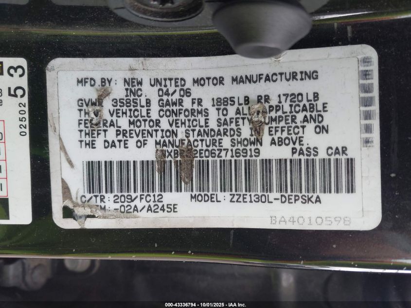 2006 Toyota Corolla S VIN: 1NXBR32E06Z716919 Lot: 43336794