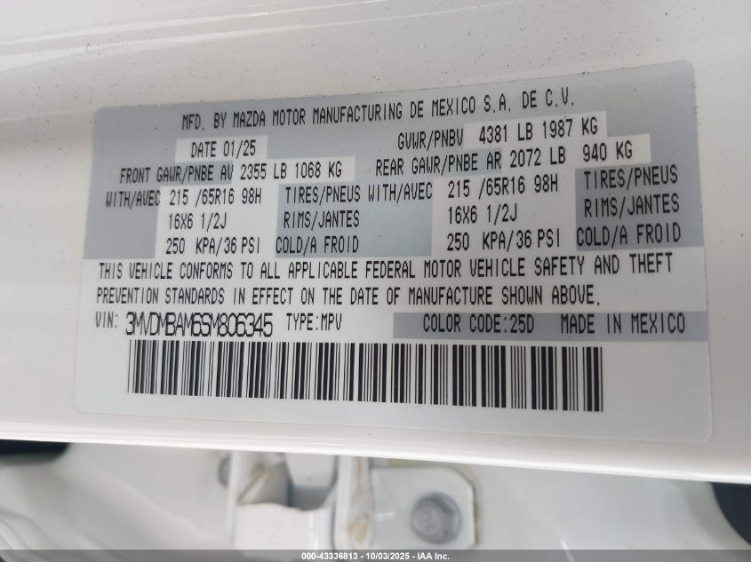 2025 Mazda Cx-30 2.5 S VIN: 3MVDMBAM6SM806345 Lot: 43336813