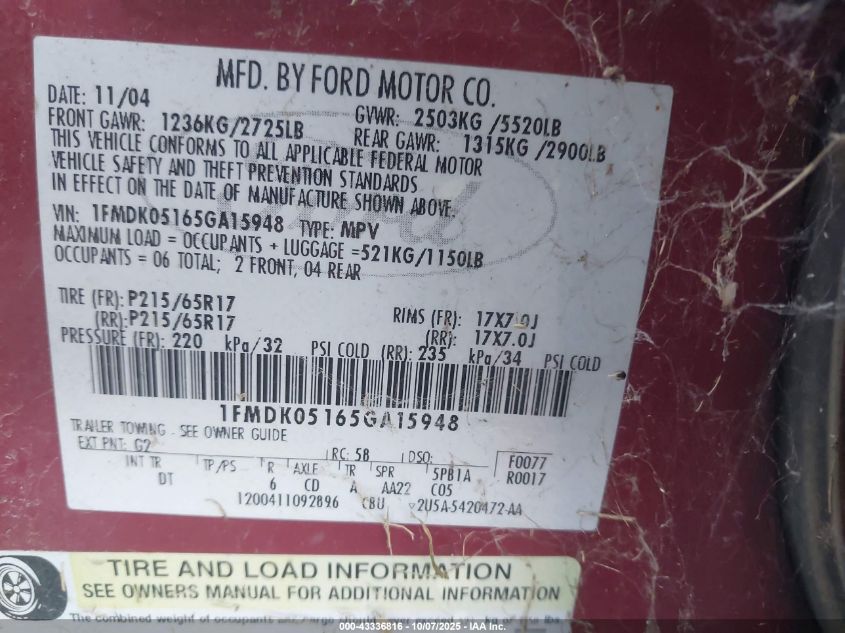 2005 Ford Freestyle Sel VIN: 1FMDK05165GA5948 Lot: 43336816