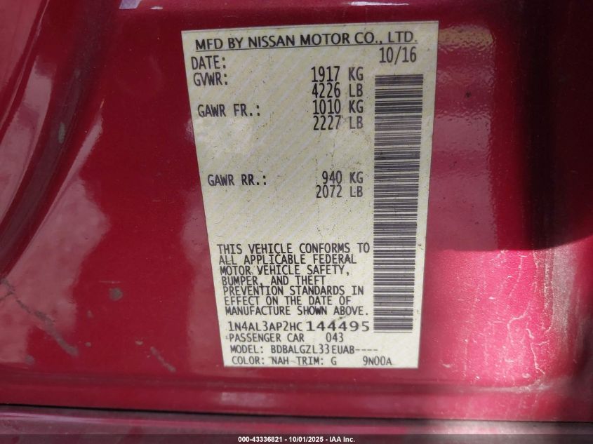 2017 Nissan Altima 2.5 S VIN: 1N4AL3AP2HC144495 Lot: 43336821