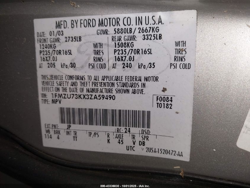 2003 Ford Explorer Nbx/Xlt VIN: 1FMZU73KX3ZA59490 Lot: 43336830