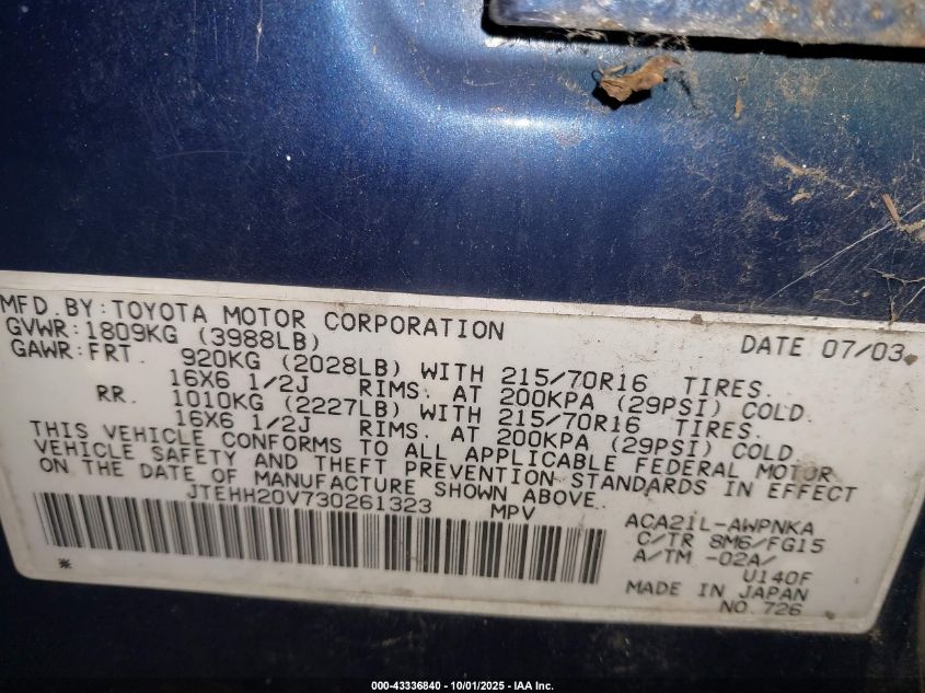 2003 Toyota Rav4 VIN: JTEHH20V730261323 Lot: 43336840