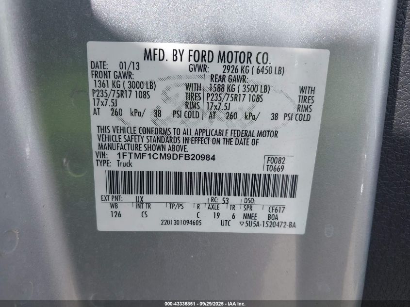 2013 Ford F-150 Xl VIN: 1FTMF1CM9DFB20984 Lot: 43336851