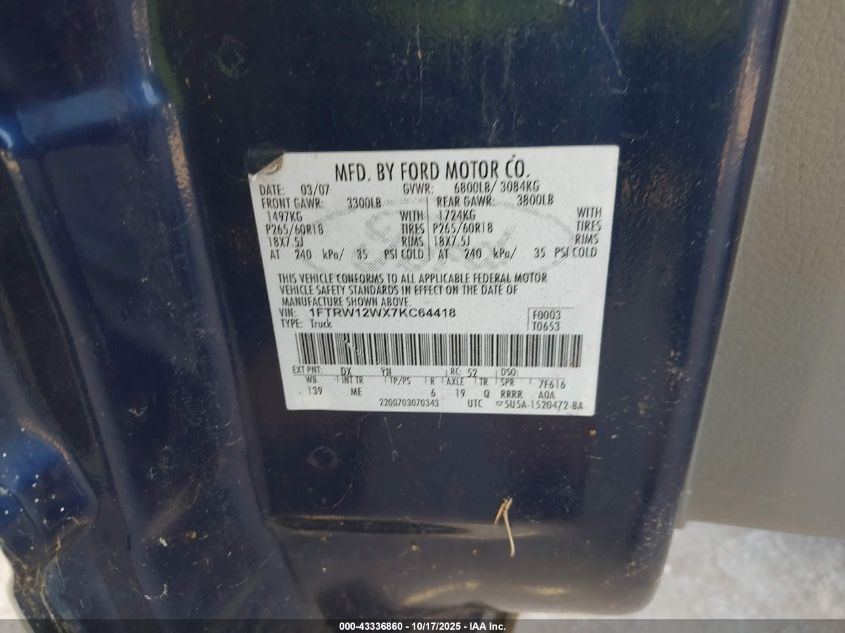 2007 Ford F150 Supercrew VIN: 1FTRW12WX7KC64418 Lot: 43336860