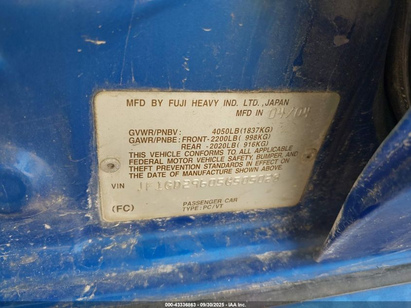 2005 Subaru Impreza Wrx VIN: JF1GD29605G505028 Lot: 43336863