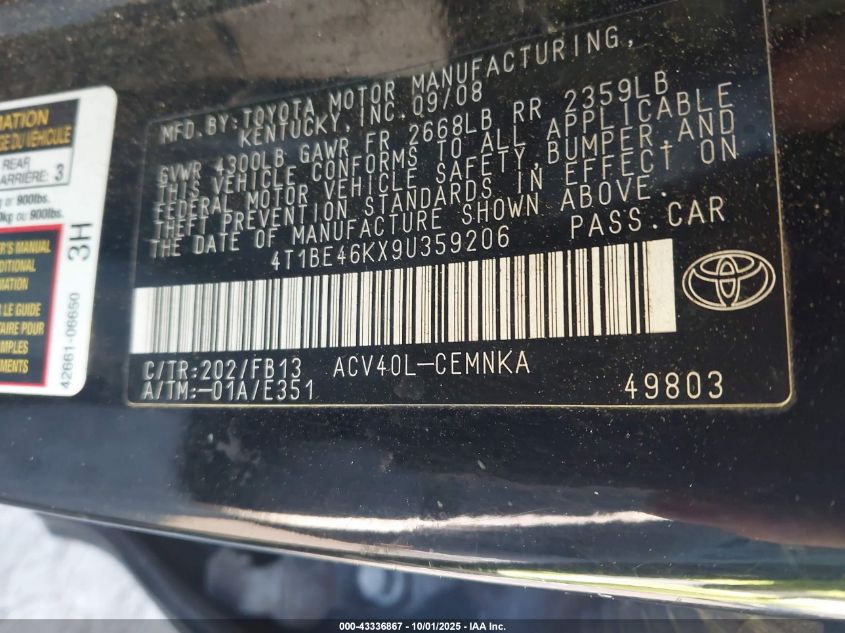 2009 Toyota Camry VIN: 4T1BE46KX9U359206 Lot: 43336867