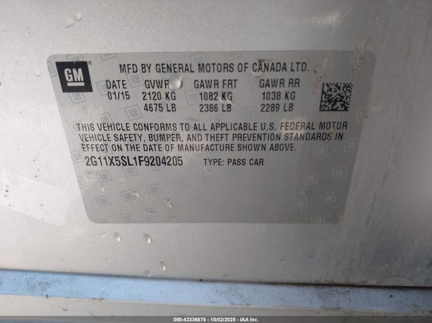 2015 Chevrolet Impala 1Fl VIN: 2G11X5SL1F9204205 Lot: 43336878