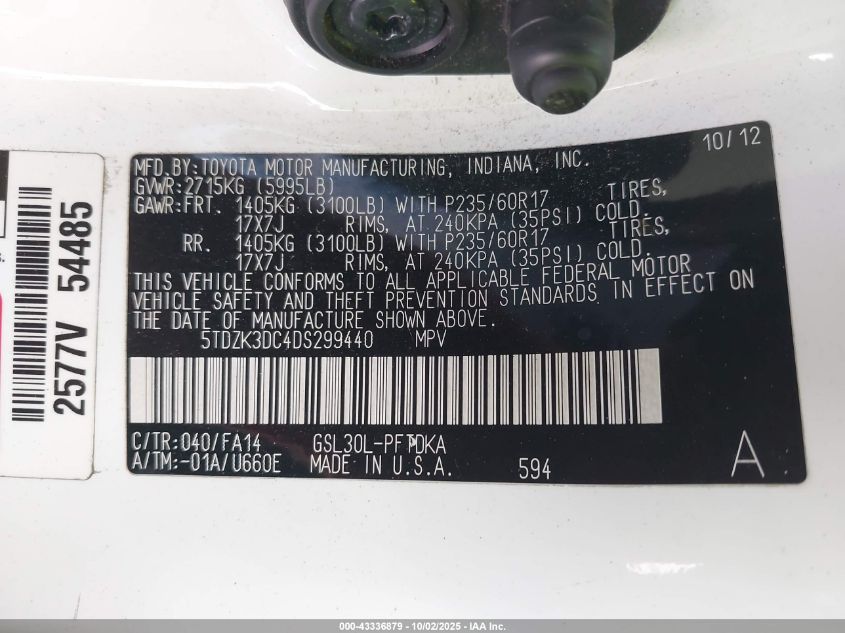 2013 Toyota Sienna L V6 7 Passenger VIN: 5TDZK3DC4DS299440 Lot: 43336879