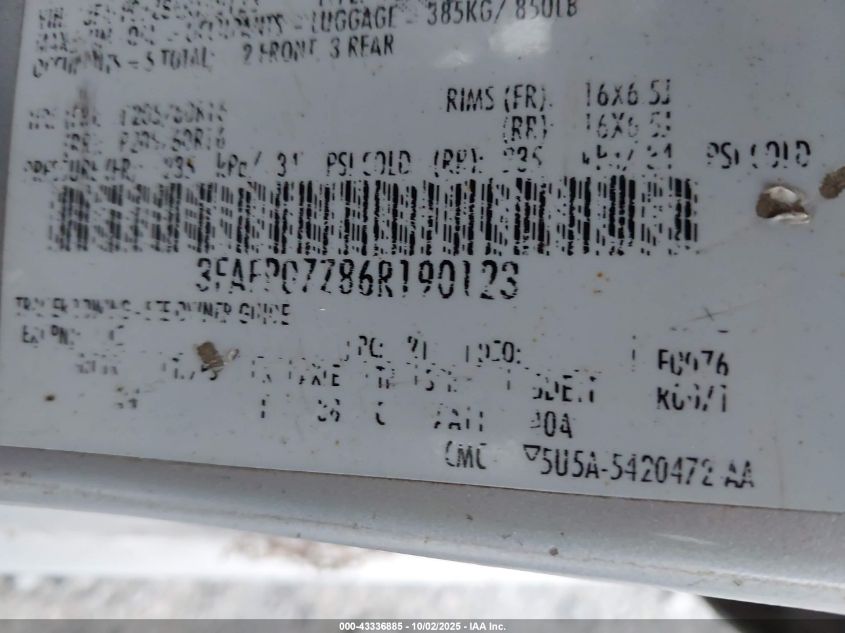 2006 Ford Fusion Se VIN: 3FAFP07Z86R190123 Lot: 43336885