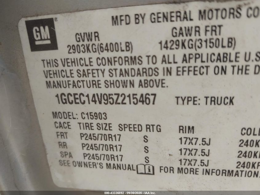2005 Chevrolet Silverado 1500 Work Truck VIN: 1GCEC14V95Z215467 Lot: 43336892