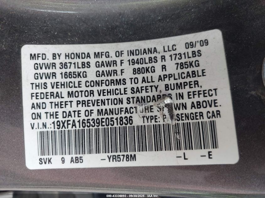 2009 Honda Civic Lx VIN: 19XFA16539E051836 Lot: 43336893